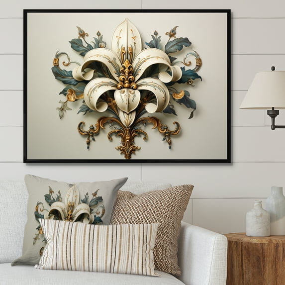 Designart "Fleur-De-Lis Capturing the Stylized Lily II" Floral Floater Framed Wall Art Living Room