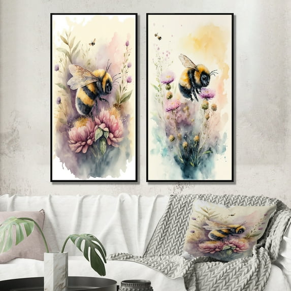 Designart "Flight of the Bee in a Watercolor Journey I" Animals Bee Framed Wall Art Set Of 2 - Children's Art Yellow Frame Gallery Set For Office Decor