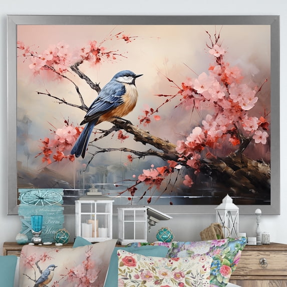 Designart "Flight of Cherry Blossoms and Bird in Japan I" Animals Framed Wall Art Decor - Farmhouse Pink Bird Floral Entryway Framed Wall Art