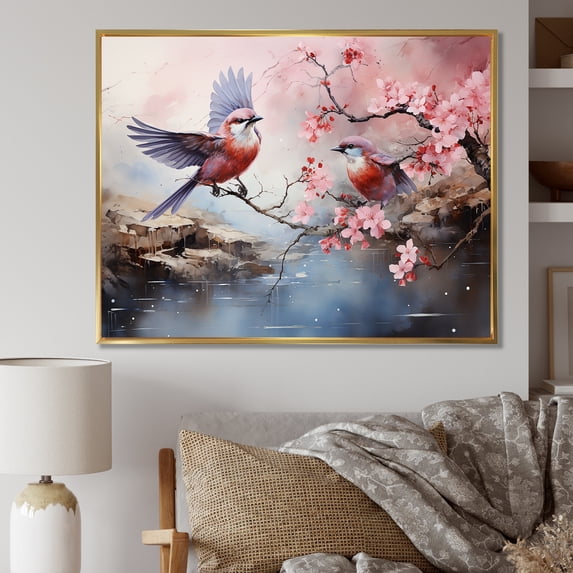 Designart "Flight of Cherry Blossoms and Bird in Japan II" Animals Framed Wall Art - Farmhouse Pink Bird Floral Entryway Framed Wall Art