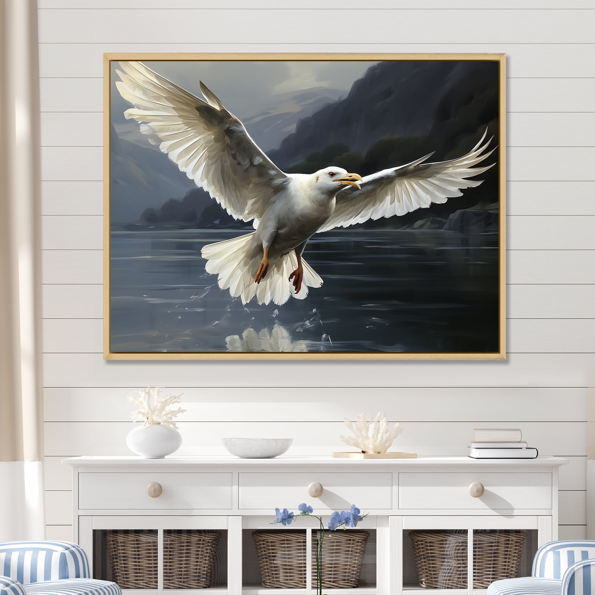 Designart "Flight of Seagulls" Animals Framed Wall Art Coastal White