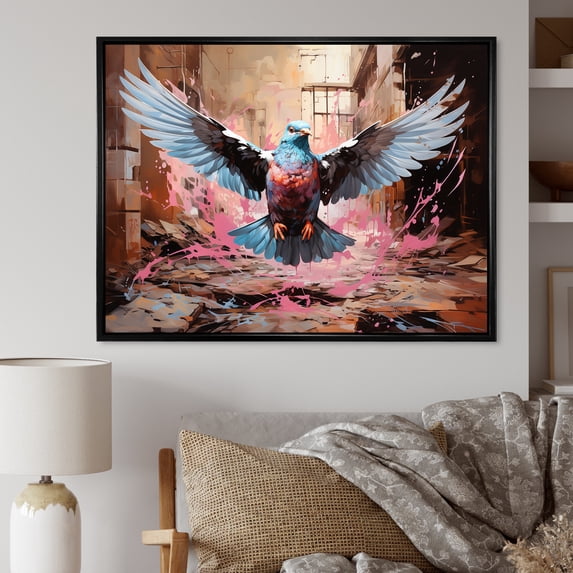 Designart "Flight of the Pigeons Blue and Pink" Animals Framed Wall Art - Modern Farmhouse Pink Pigeon Entryway Framed Wall Art