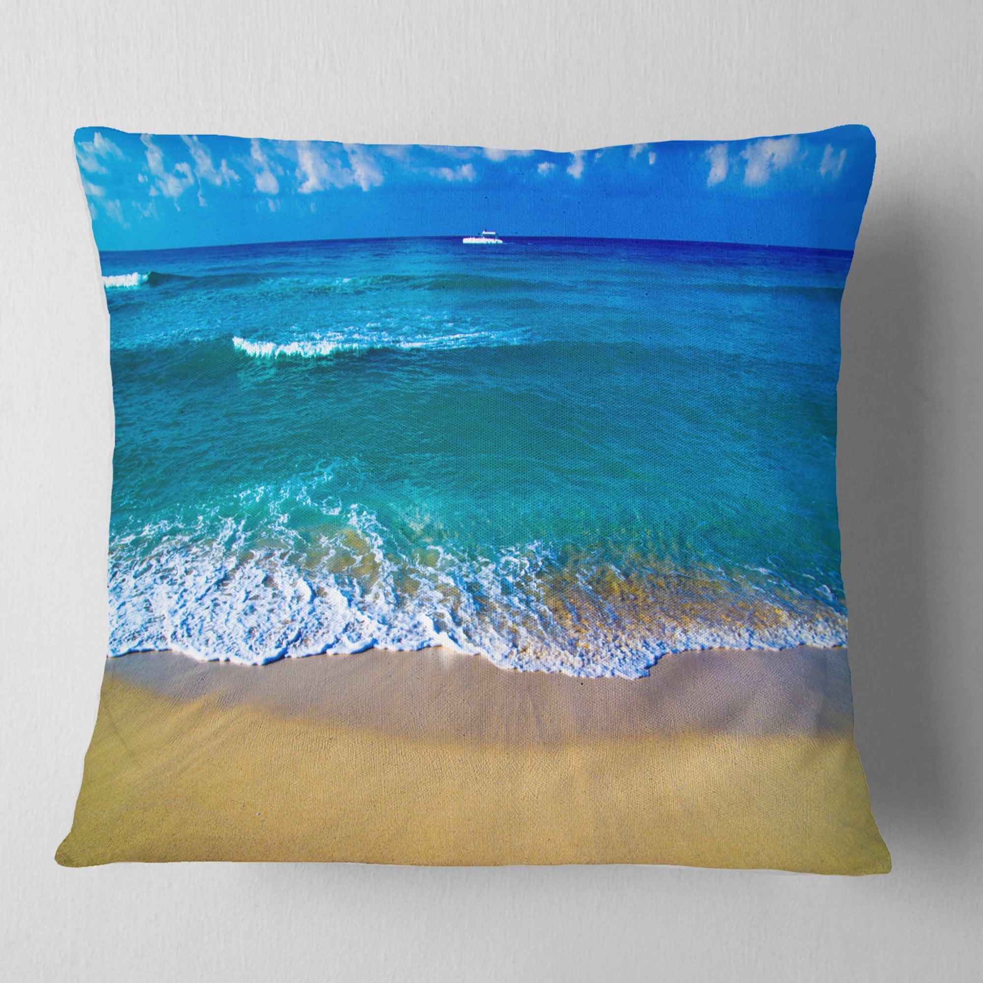 Designart Floating Blue Waves Beach - Seashore Throw Pillow - 18x18