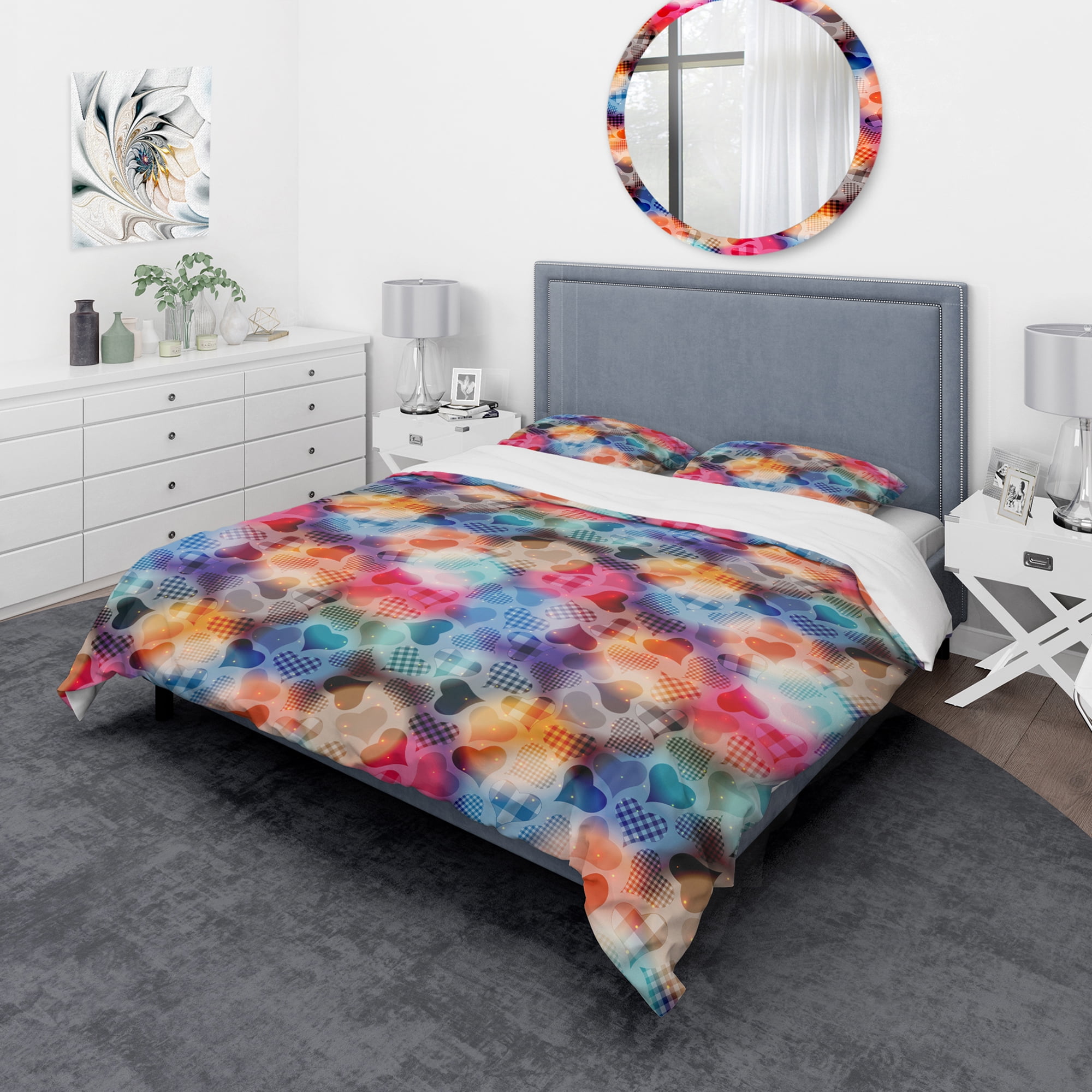 Designart 'Floating Hearts with Squared Pattern' Modern & Contemporary Duvet Cover Set