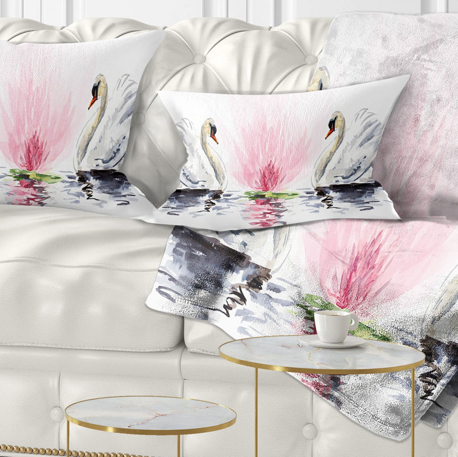 Designart Floating Swans on White Background - Animal Throw Pillow - 12x20
