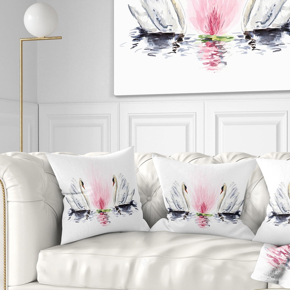 Designart Floating Swans on White Background - Animal Throw Pillow - 16x16