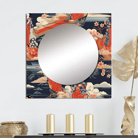 Designart "Floating World Japanese Woman Amidst Retro Undulations I" Japon Woman Square Mirror For Wall Decor - Large Red Square Printed Wall Mirror Art - Wall Mounted Square Large Mirror