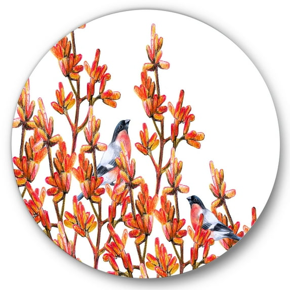 Designart 'Flock of Bullfinches Birds Sitting on Orange Branches' Traditional Circle Metal Wall Art 11x11 - Disc of 11
