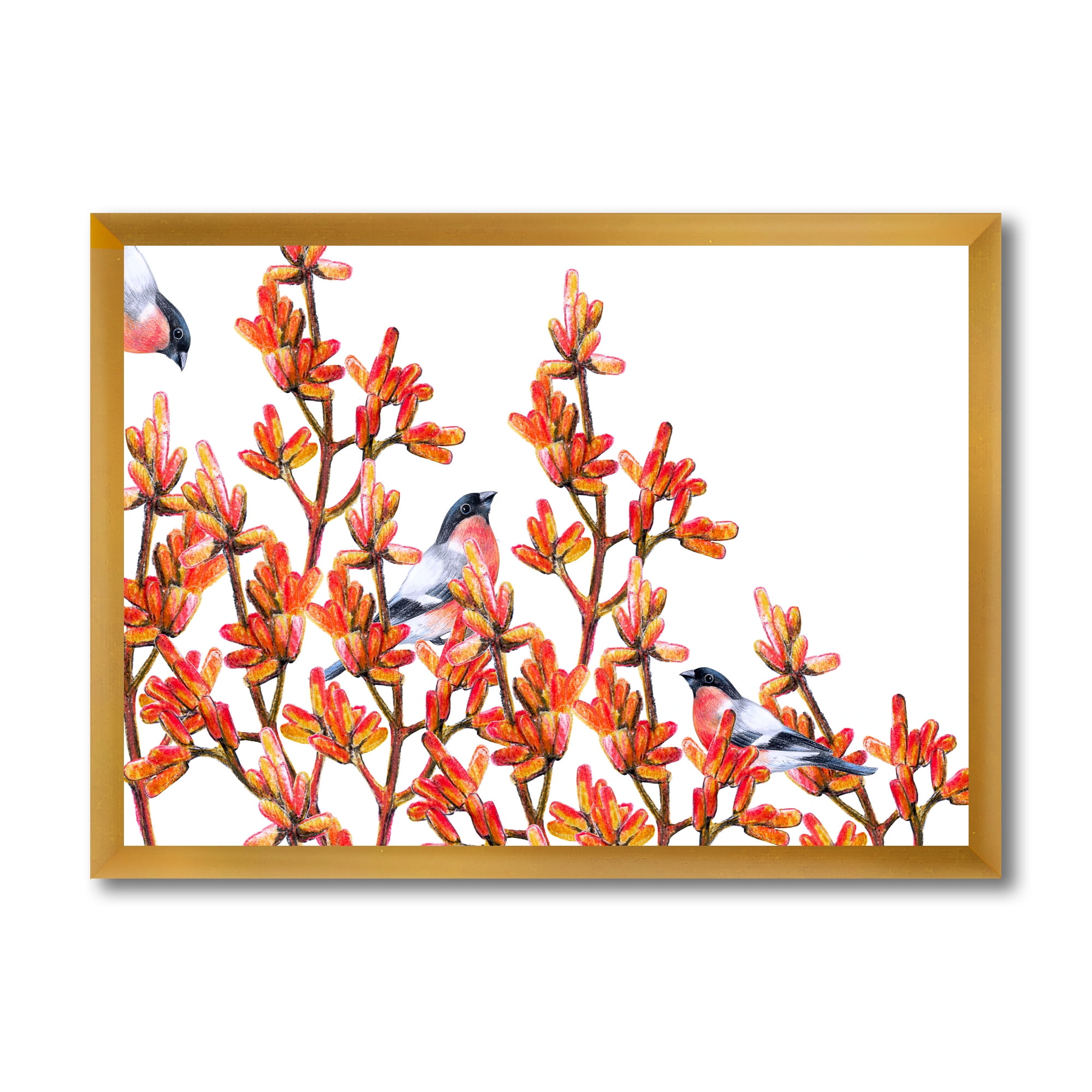 Designart 'Flock of Bullfinches Birds Sitting on Orange Branches' Traditional Framed Art Print