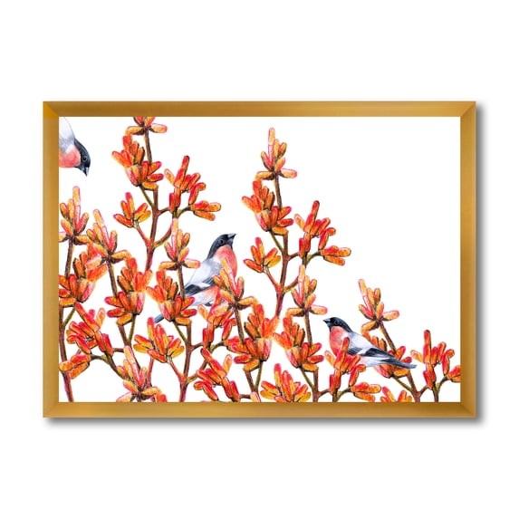 Designart 'Flock of Bullfinches Birds Sitting on Orange Branches' Traditional Framed Art Print