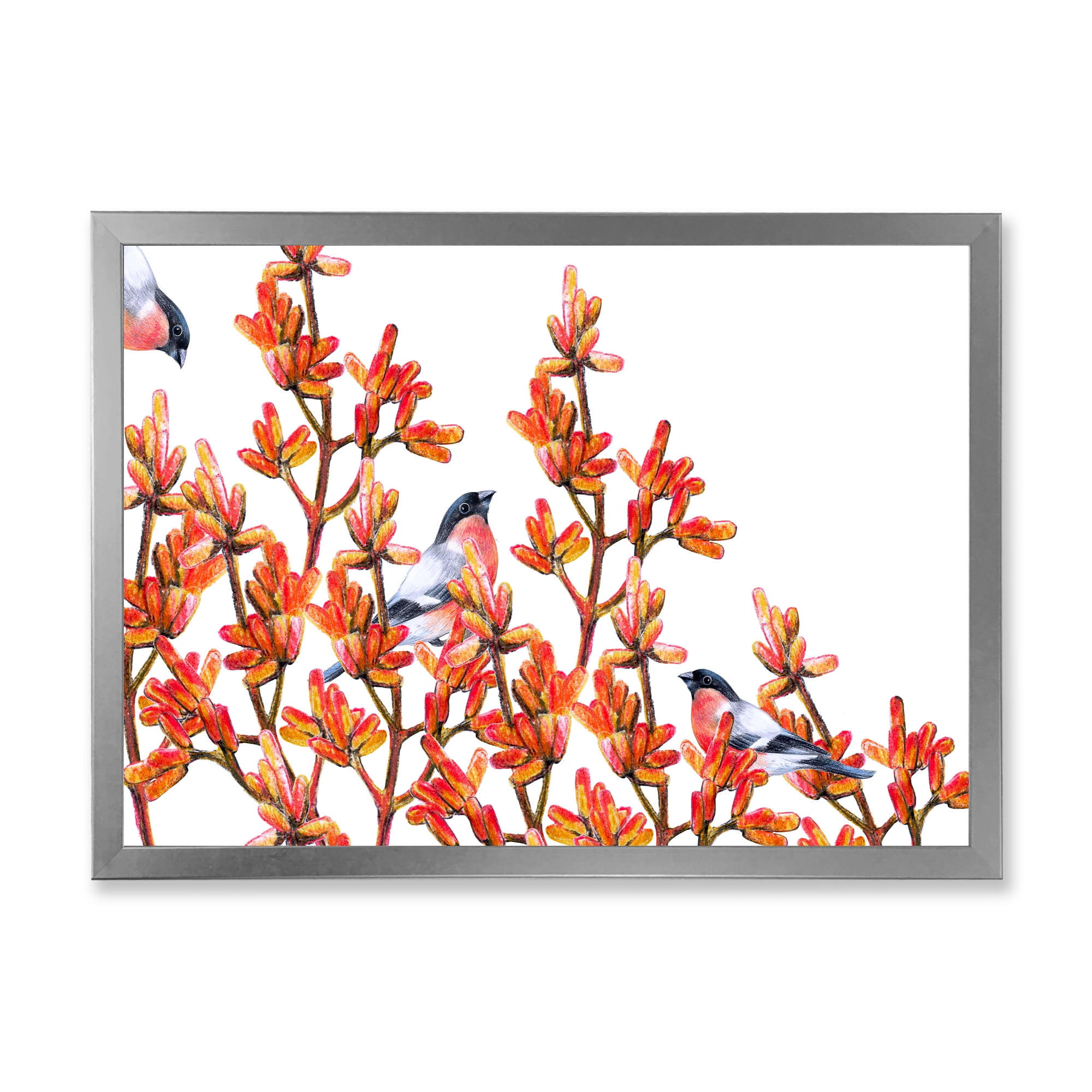 Designart 'Flock of Bullfinches Birds Sitting on Orange Branches' Traditional Framed Art Print