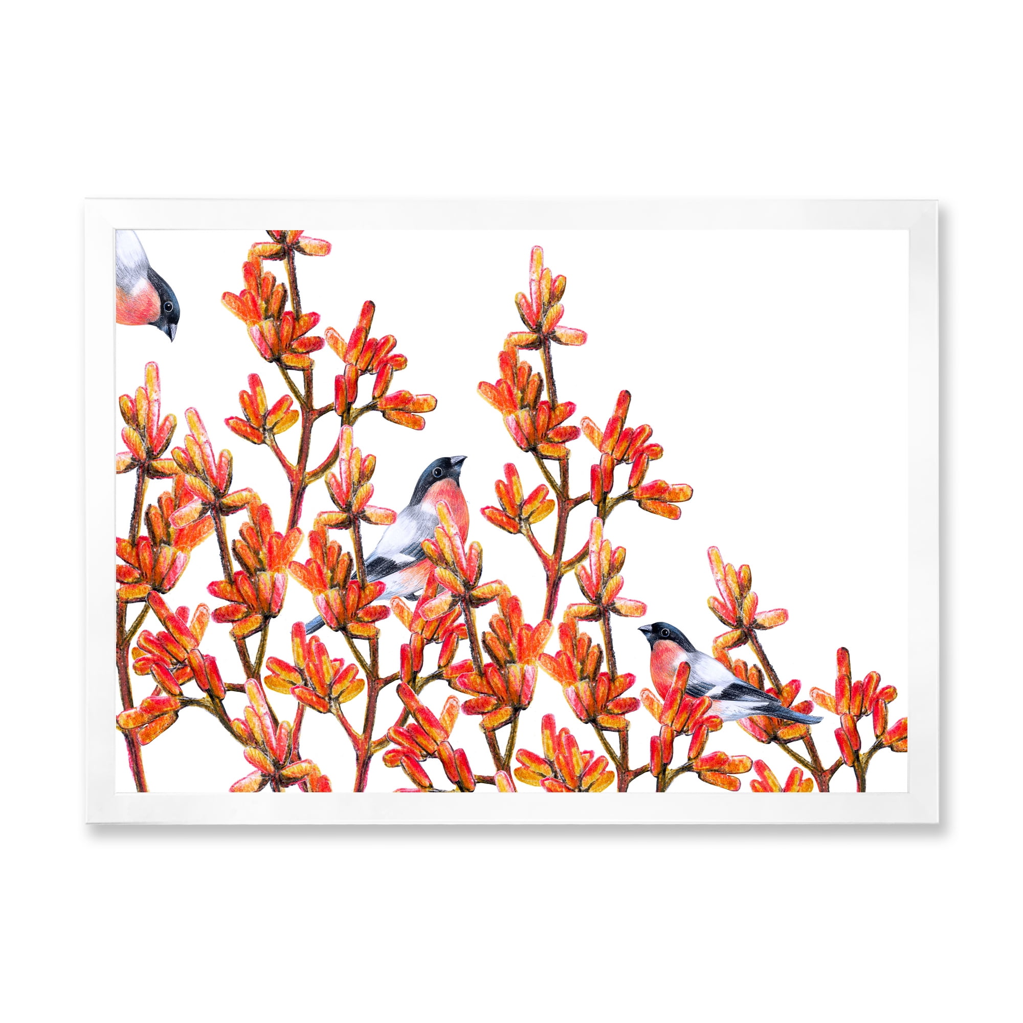 Designart 'Flock of Bullfinches Birds Sitting on Orange Branches' Traditional Framed Art Print