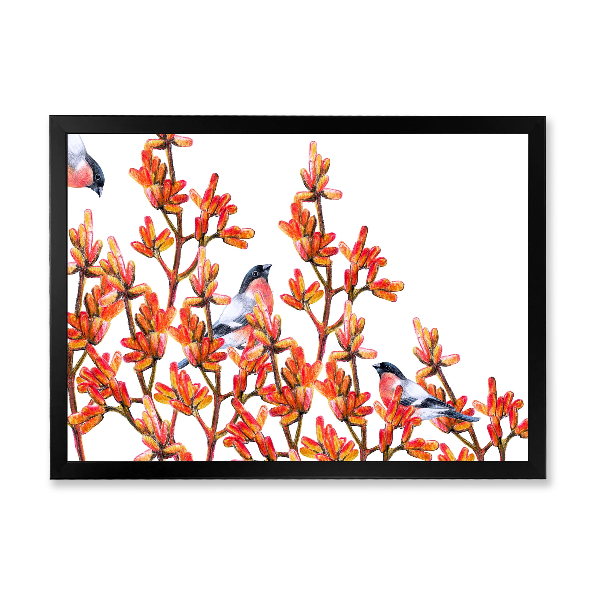 Designart 'Flock of Bullfinches Birds Sitting on Orange Branches' Traditional Framed Art Print