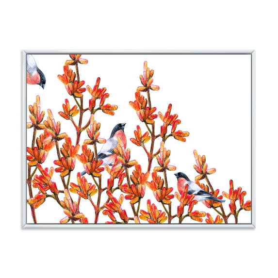 Designart 'Flock of Bullfinches Birds Sitting on Orange Branches' Traditional Framed Canvas Wall Art Print