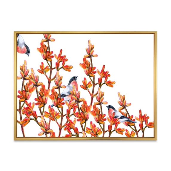 Designart 'Flock of Bullfinches Birds Sitting on Orange Branches' Traditional Framed Canvas Wall Art Print