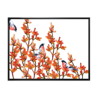 Designart 'Flock of Bullfinches Birds Sitting on Orange Branches' Traditional Framed Canvas Wall Art Print