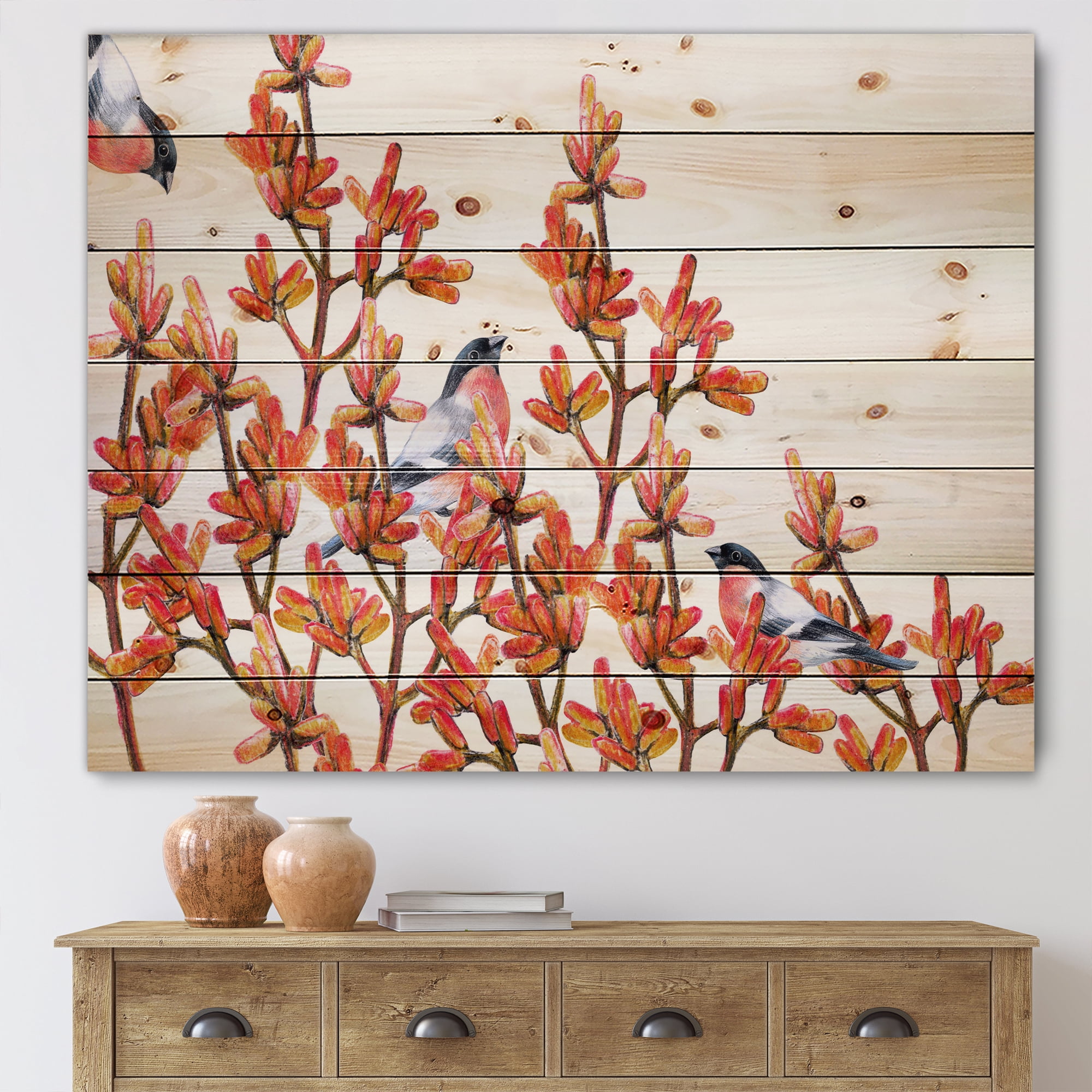 Designart 'Flock of Bullfinches Birds Sitting on Orange Branches' Traditional Print on Natural Pine Wood