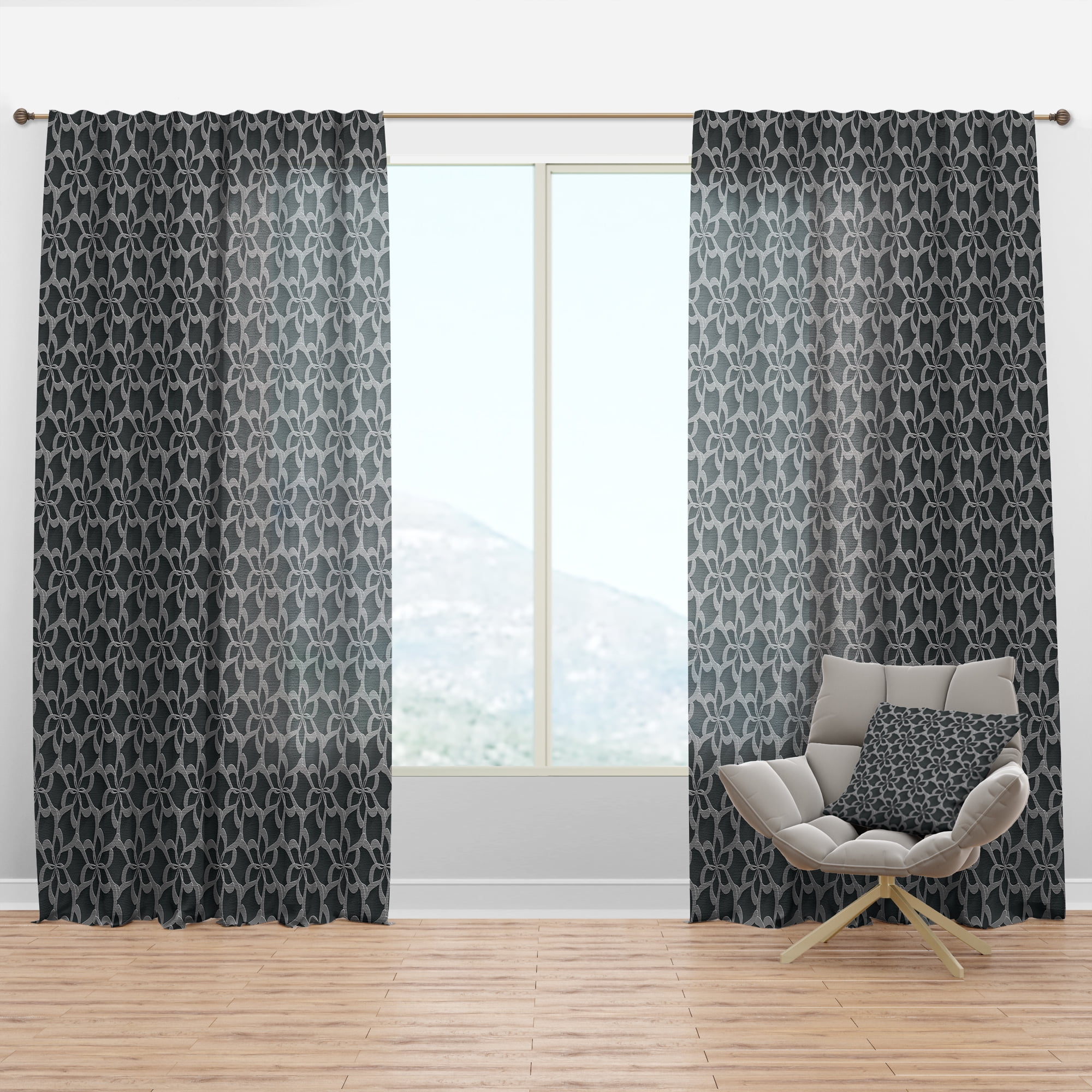 Designart 'Floral 3d Pattern On Black Background' Mid-Century Modern Curtain Panel