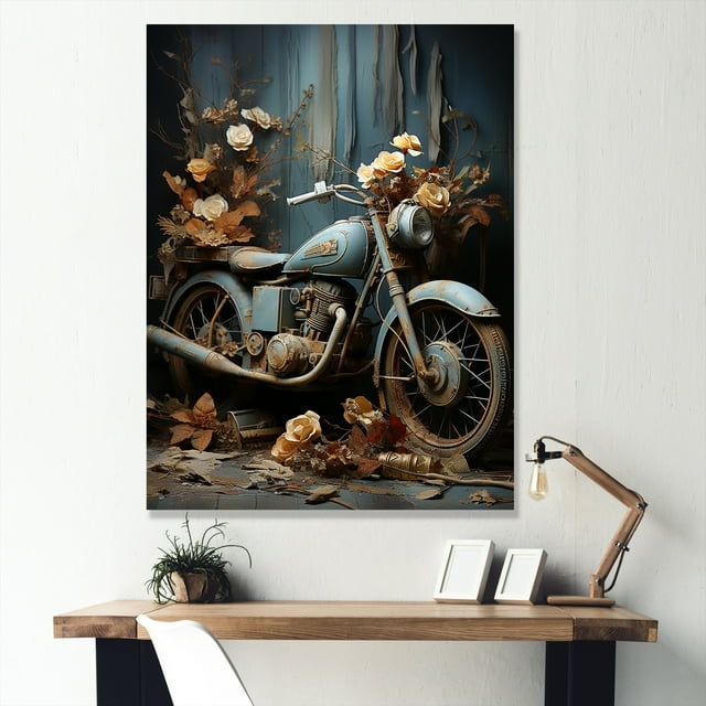 Designart "Floral Adventure On The Rustic Bike I" Motorcycle Wall Art Living Room