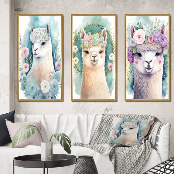 Designart "Floral Alpaca Charm in Watercolor Beauty I" Animals Llama Framed Wall Art Set Of 3 - Blue Llama Frame Gallery Set For Office Decor
