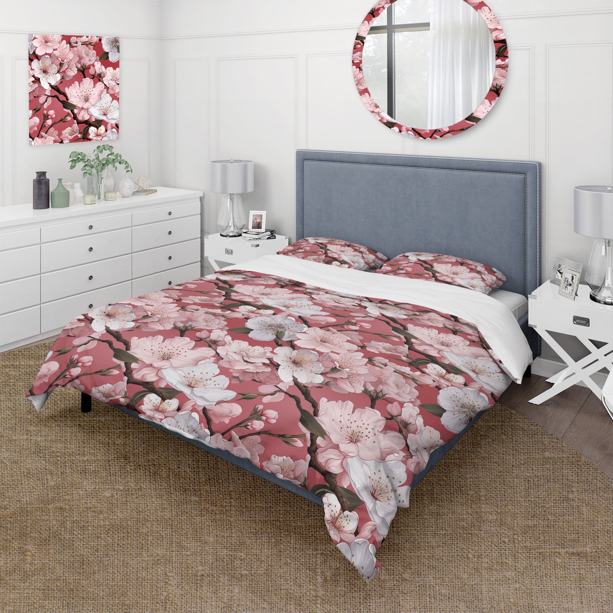 Pink Sakura Blossoms Floral Microfiber Duvet Cover Set