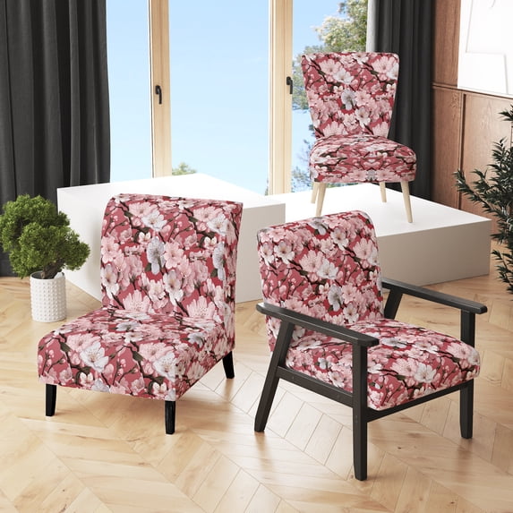 Designart "Floral Beauty In Pink Sakura Blossoms" Pink Japanese Upholstered Accent Chair - Oriental Arm Chair For Bedroom