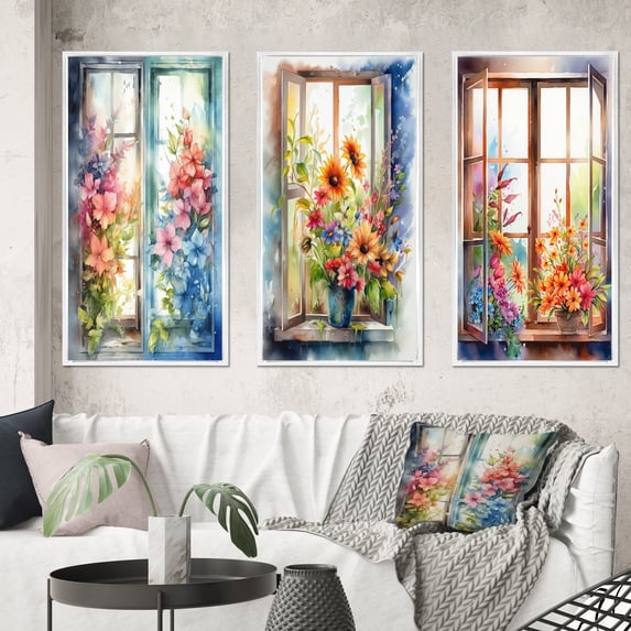 Designart "Floral Blooms at the Window III" Floral Window Framed Wall Art Set Of 3 - Orange Window Frame Gallery Set For Office Decor