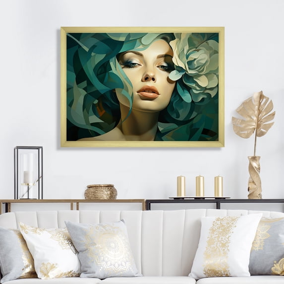 Designart "Floral Blossom Portrait of Green Woman I" Fashion Framed Wall Art Decor - Glam Green Woman Floral Entryway Framed Wall Art