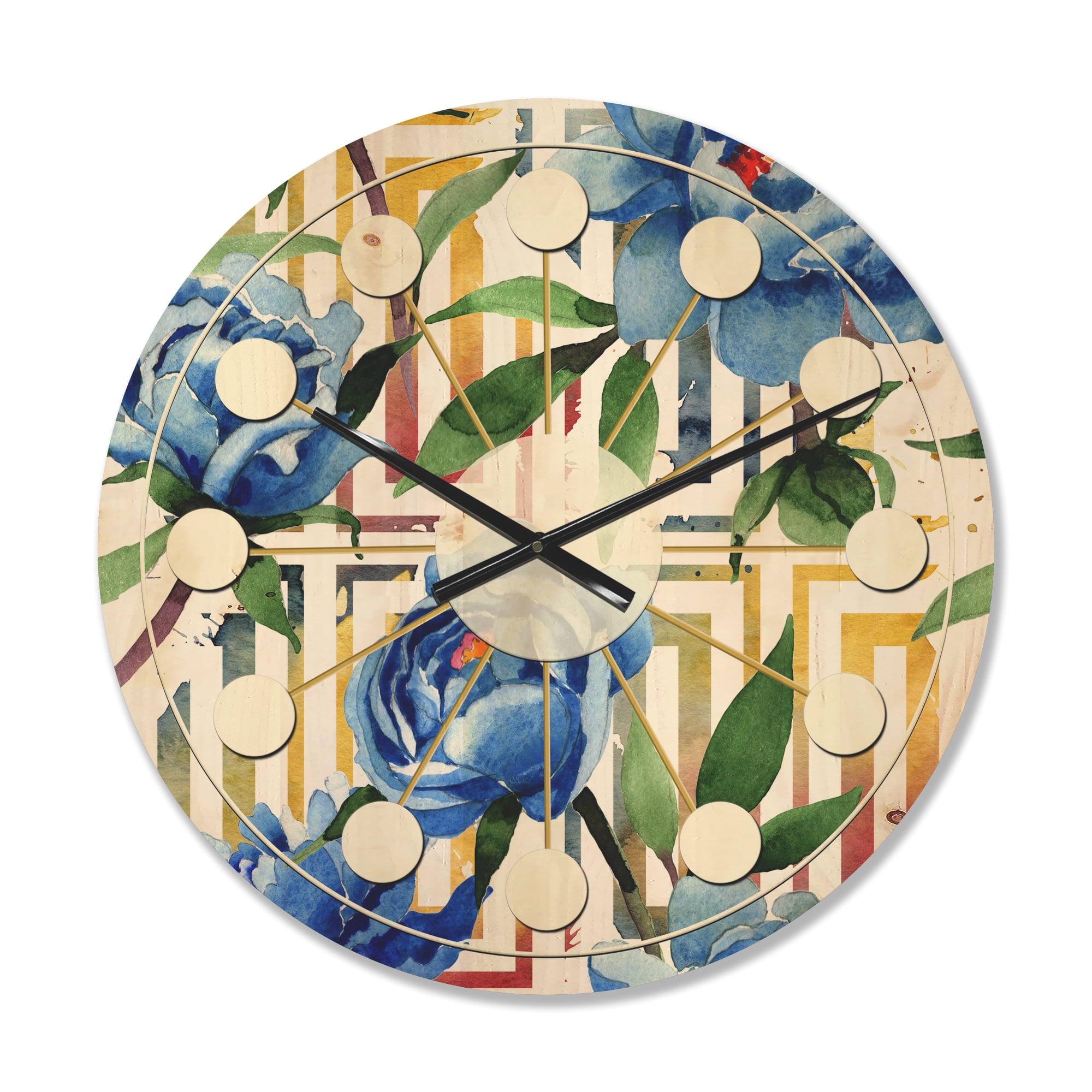 Designart 'Floral Botanical Design Retro I' Mid-Century Modern Wood Wall Clock