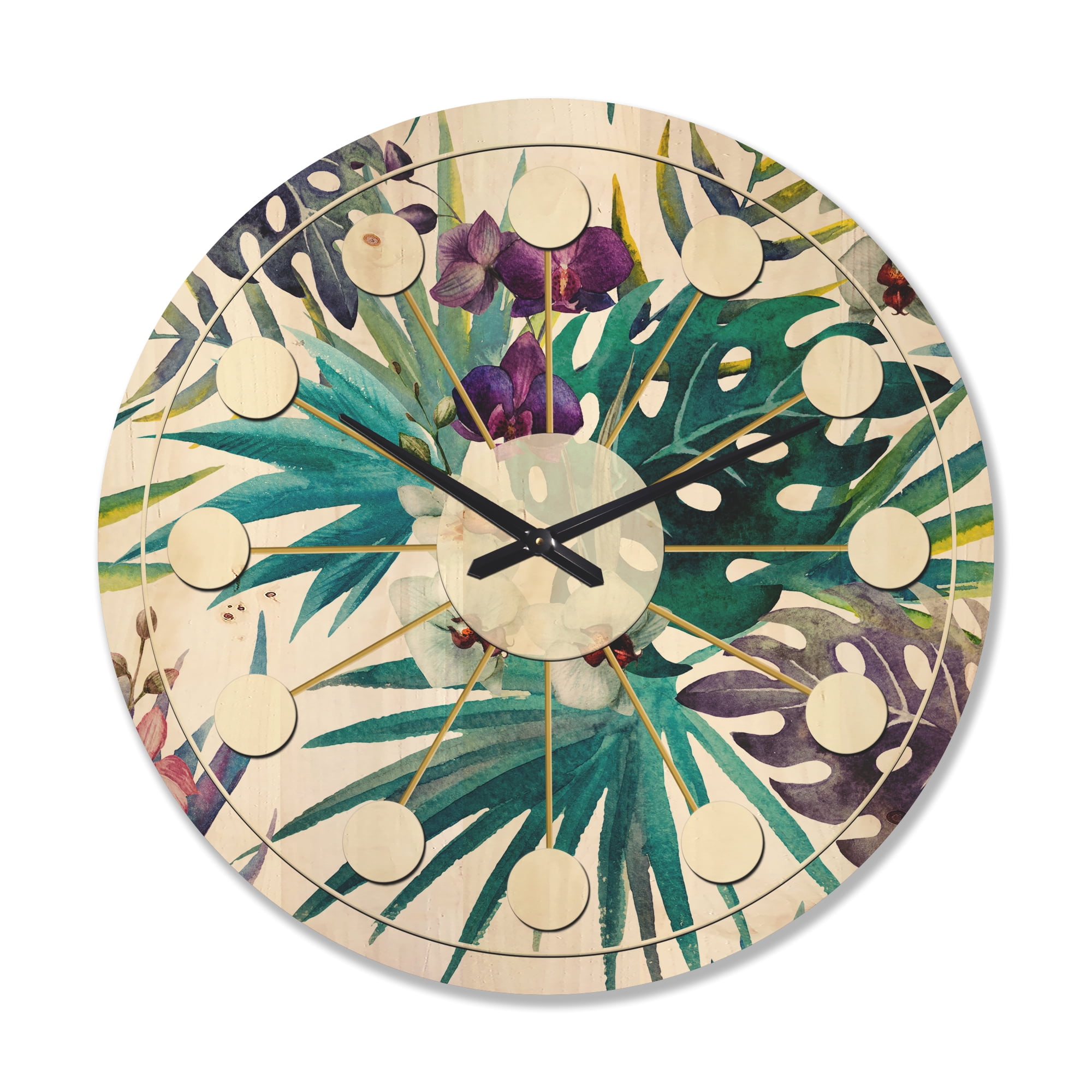 Designart 'Floral Botanical Design Retro II' Mid-Century Modern Wood Wall Clock