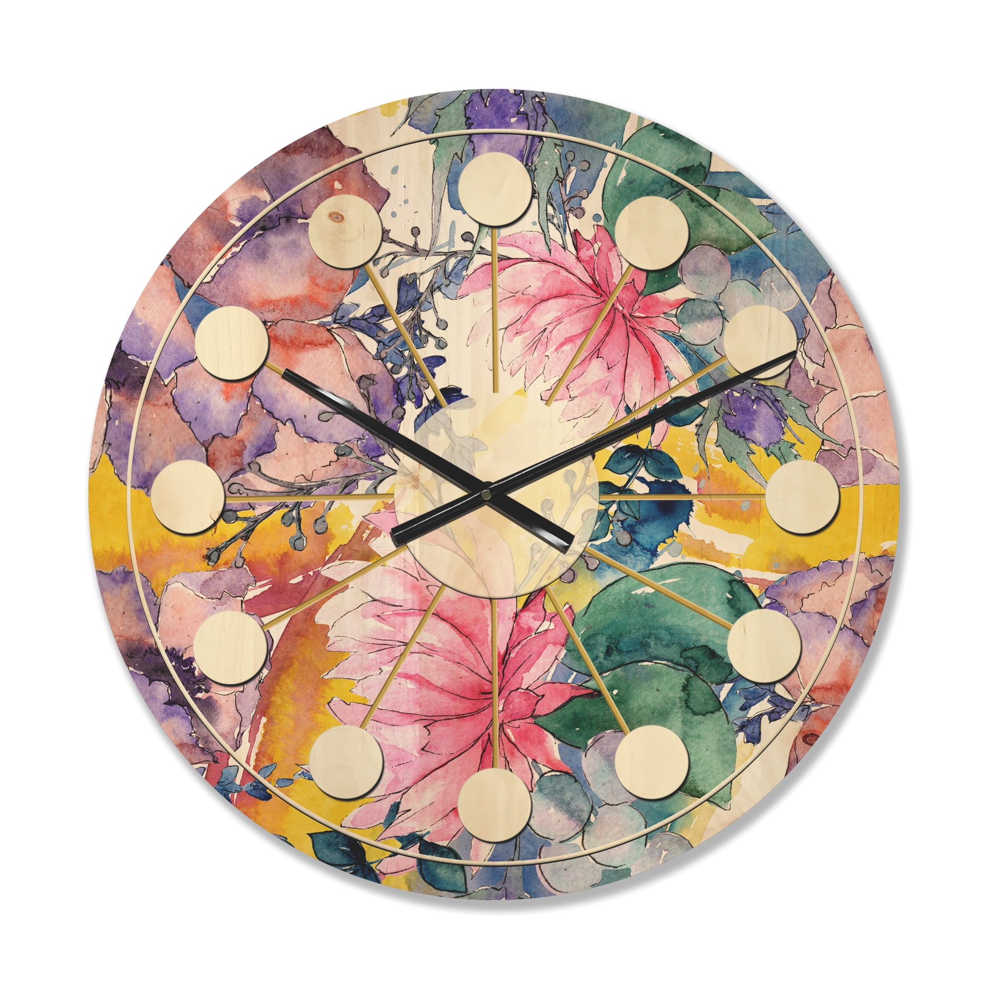 Designart 'Floral Botanical Retro XV' Mid-Century Modern Wood Wall Clock