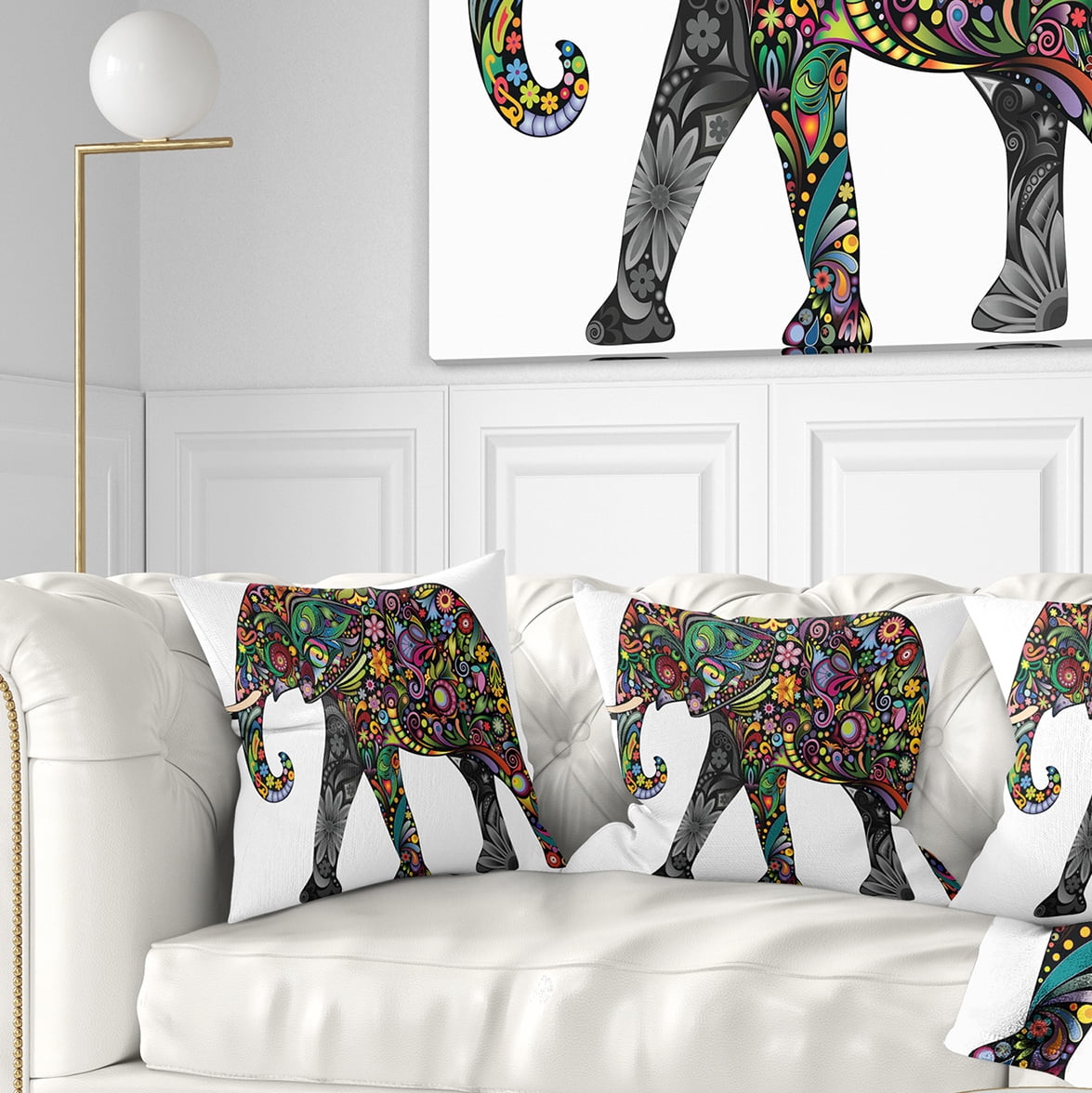 Designart Floral Cheerful Elephant - Animal Throw Pillow - 16x16