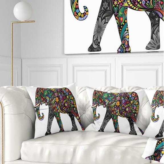 Designart Floral Cheerful Elephant - Animal Throw Pillow - 16x16