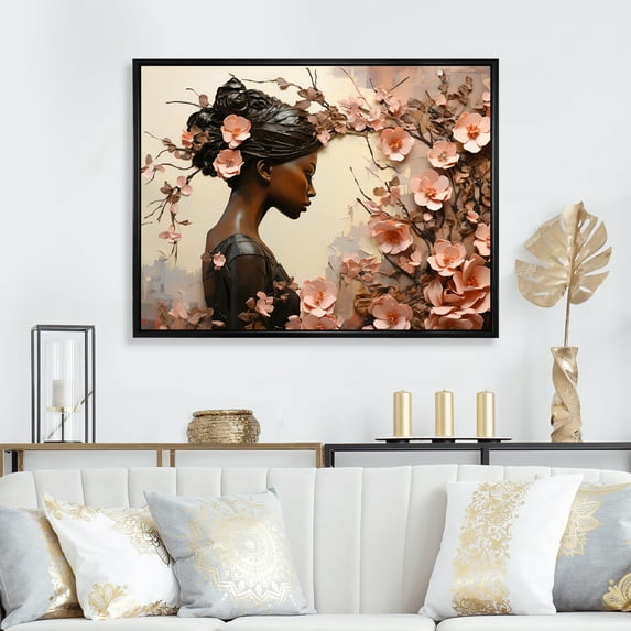 Designart "Floral Dance of African American in Gold and Pink" Fashion Framed Wall Art - Glam Black Woman African Entryway Framed Wall Art