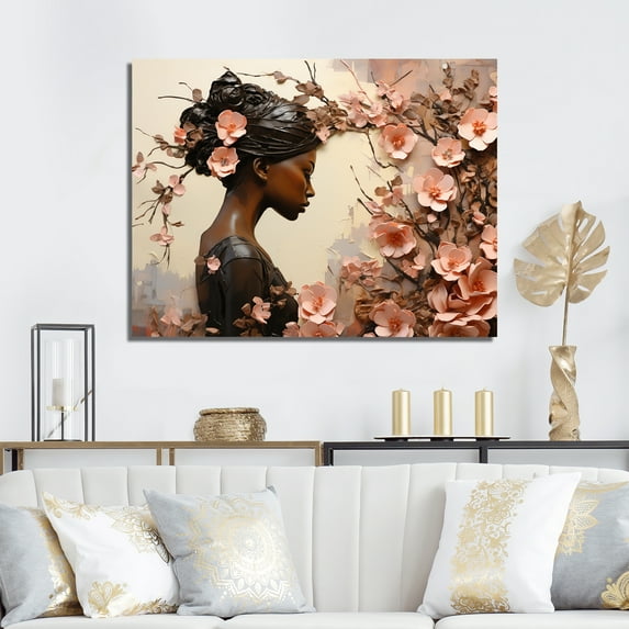 Designart "Floral Dance of African American in Gold and Pink" Fashion Wall Art - Glam Black Woman African Living Room Canvas Art