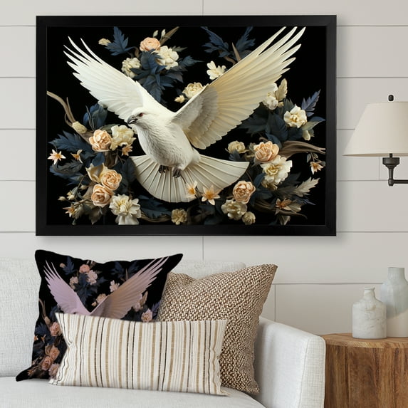 Designart "Floral Dove of Springtime" Animals Framed Wall Art Decor - Modern White Dove Hallway Framed Wall Art Decor