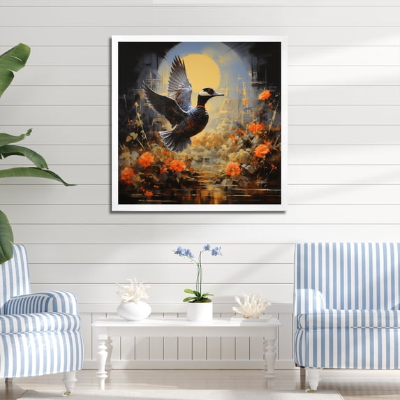 Designart "Floral Eclipse with Duck in Flight" Animals Framed Wall Art Decor - Modern Blue Duck Bedroom Framed Canvas Wall Art