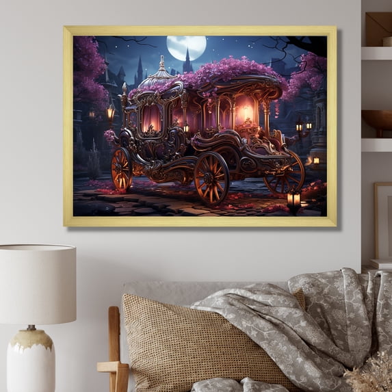 Designart "Floral Embellishments on a Princess Carriage" Transportation Framed Wall Art Decor - Modern Pink Old American Cart Entryway Framed Wall Art Print