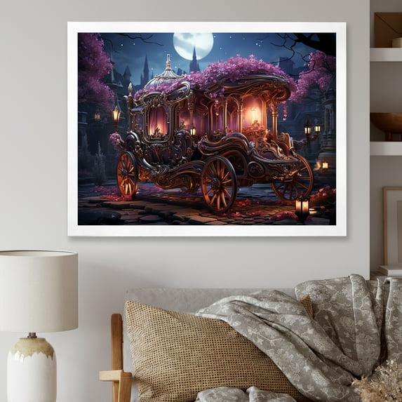 Designart "Floral Embellishments on a Princess Carriage" Transportation Framed Wall Art Decor - Modern Pink Old American Cart Entryway Framed Wall Art Print