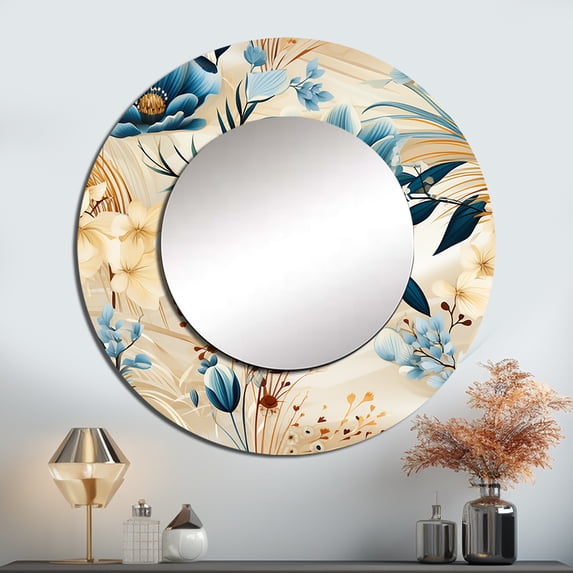 Designart "Floral Escape In Blues" Floral Rund Mirror For Wall Decor - Large Blue Round Print Mirror - Round Cottage Mirror - Wall Mounted Round Large Mirror - 23" x 23"