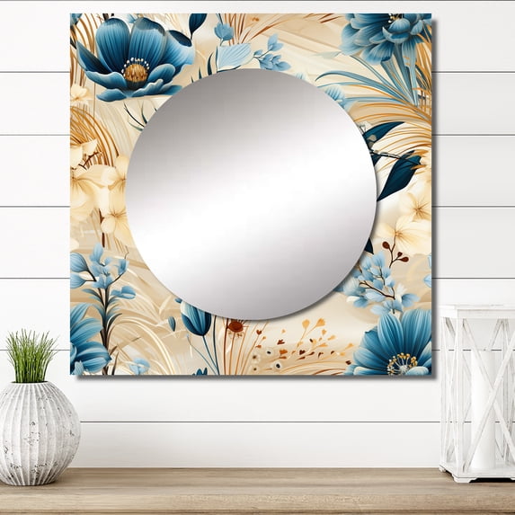 Designart "Floral Escape In Blues" Floral Square Mirror Wall Decor Cottage - Large Blue Square Bathroom Mirror - Square Printed Wall Mirror Art