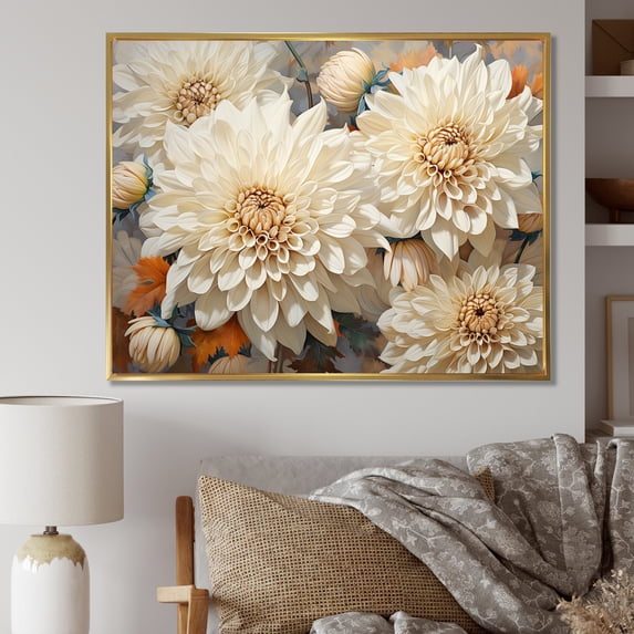 Designart "Floral Essence: Minimalistic White Mums Collage" Chrysanthemums Floater Framed Canvas Wall Art