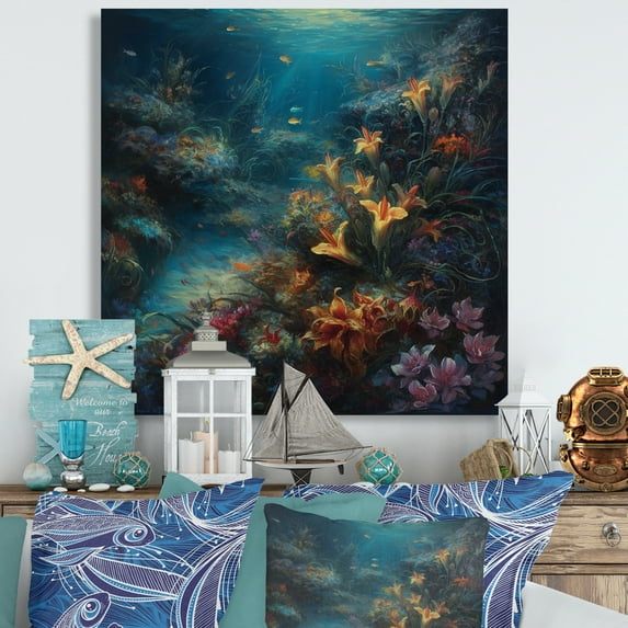 Designart "Floral Essence at Ocean s Heart" Modern Landscape Beach Metal Wall Decor