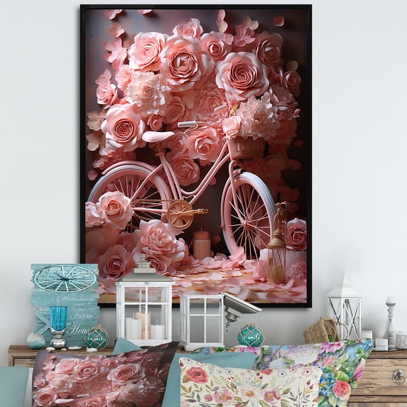 Designart "Floral Fantasy Cycling" Bicycle Floater Framed Wall Art Living Room