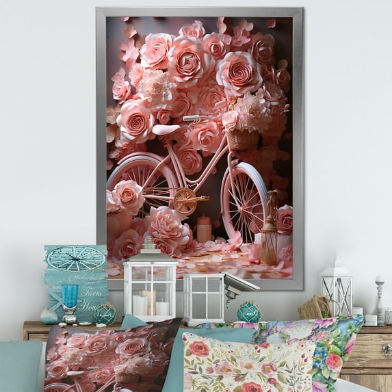 Designart "Floral Fantasy Cycling" Bicycle Picture Framed Wall Art Living Room