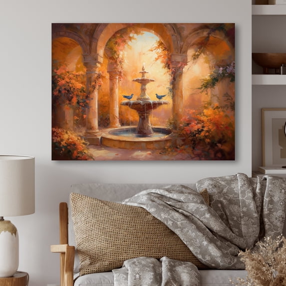 Designart "Floral Fountain And Birds III" Floral Wall Art Print