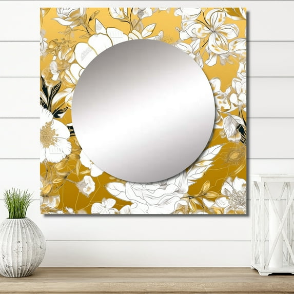 Designart "Floral Gold Glamour Blossoming Wild White Roses" Rose White Large Square Mirror - Square Bedroom Mirror Printed Wall Decor - Traditional Square Printed Wall Mirror Art