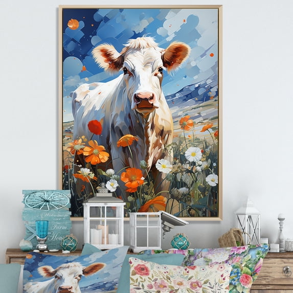 Designart "Floral Grazing Cow II" Animals Floater Framed Canvas Art Print
