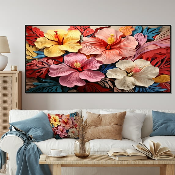 Designart "Floral Harmony Colorful Hibiscus I" Extra Large Floral Framed Wall Art - Traditional Pink Hibiscus Bedroom Framed Canvas Wall Art