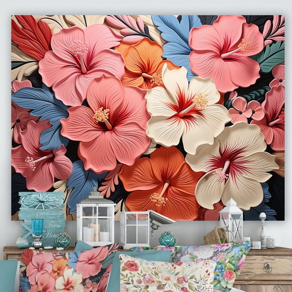 Designart "Floral Harmony Colorful Hibiscus II" Extra Large Floral Wall Art - Traditional Pink Hibiscus Bedroom Canvas Wall Art